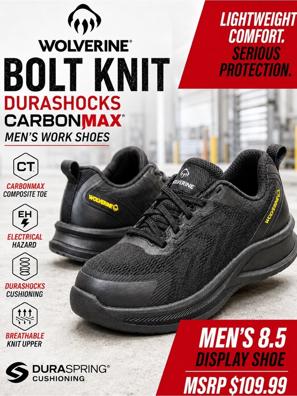 NIB Wolverine Bolt Knit DuraShocks CarbonMAX Composite Toe Work Shoes Men’s 8.5